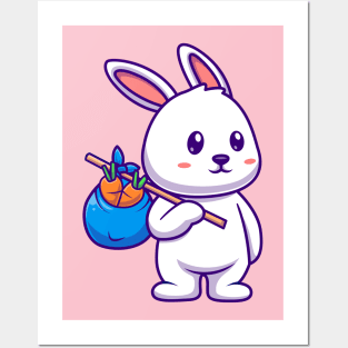 Cute Rabbit Bring Carrot With Bag Cartoon Posters and Art